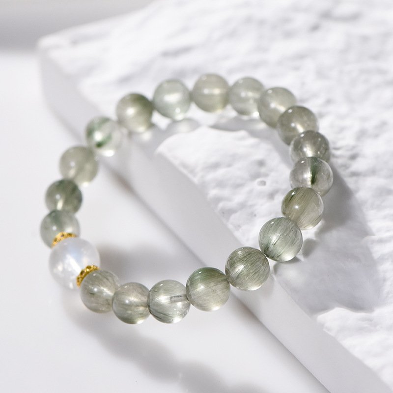 Natural green hair crystal bracelet with moonstone transfer beads